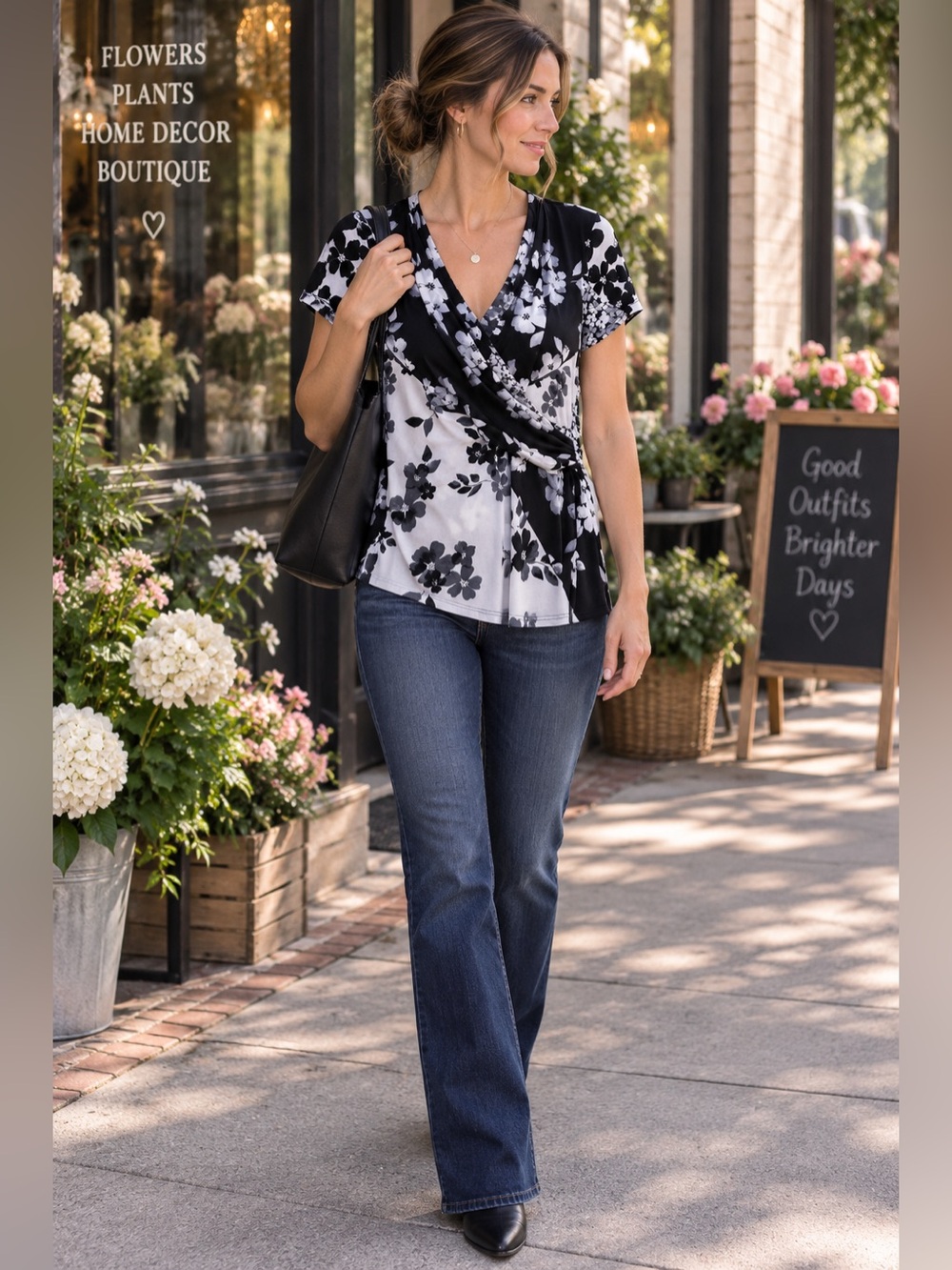 DKNY Black White Gray Floral Faux Wrap V-Neck Top Size S